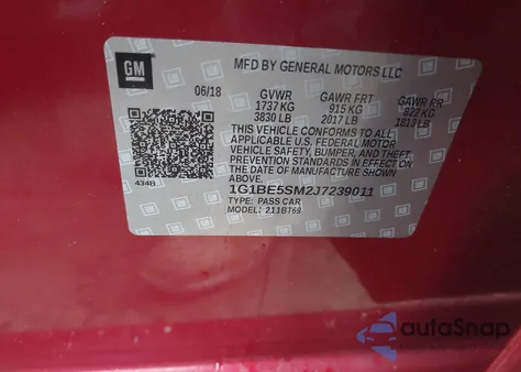 2018 Chevrolet Cruze Lt Auto z USA, uszkodzony, nr VIN 1G1BE5SM2J7239011